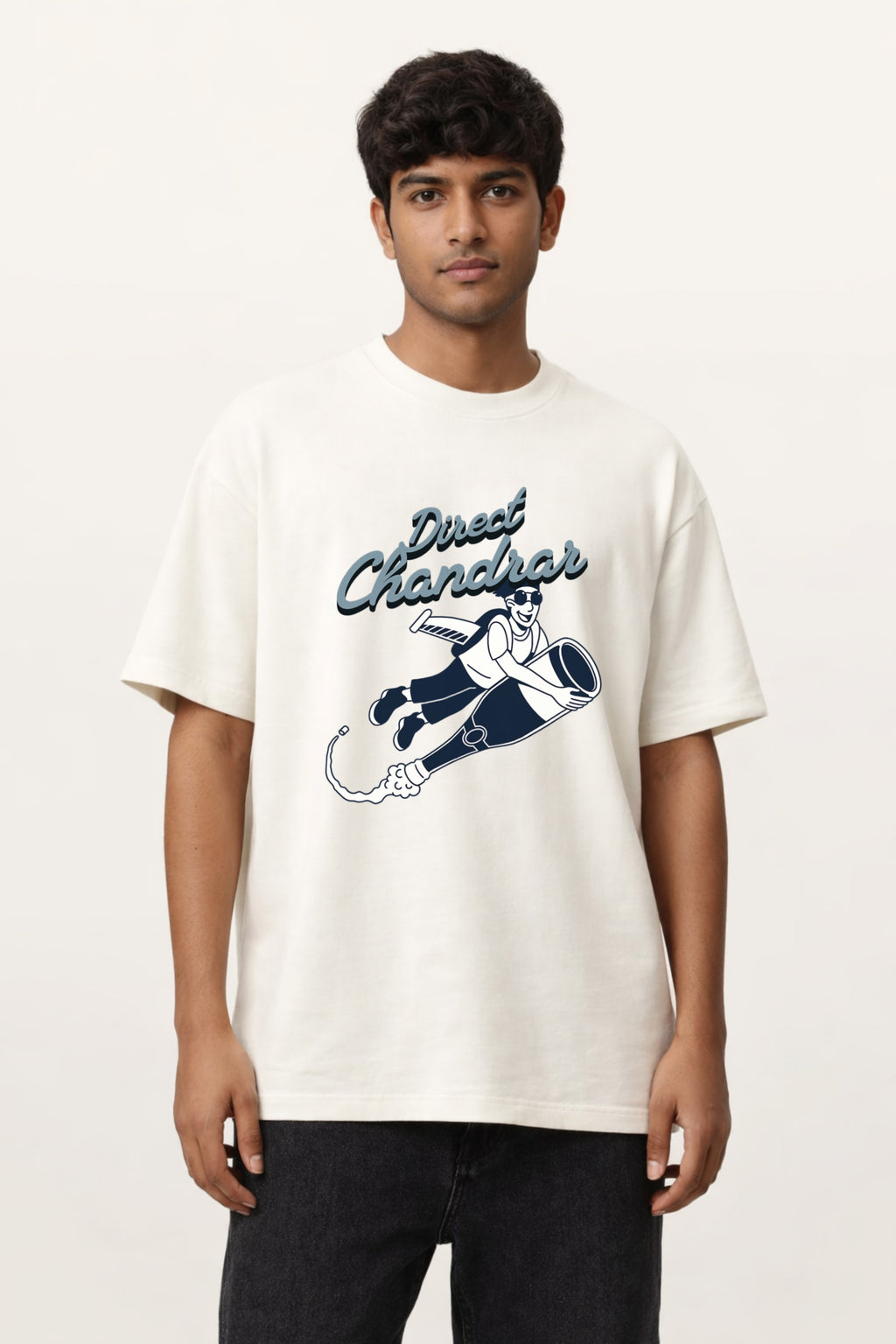 Man wearing an off-white oversized Direct Chandrar Goa graphic T-shirt with a moon-bound bottle illustration by Cult Style Goa.